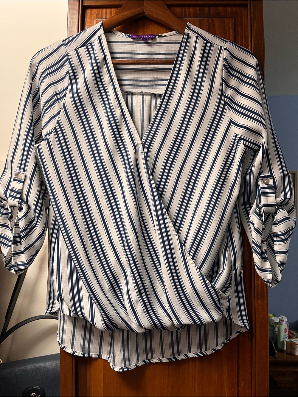 West Kei Blue & White Striped Wrap Blouse